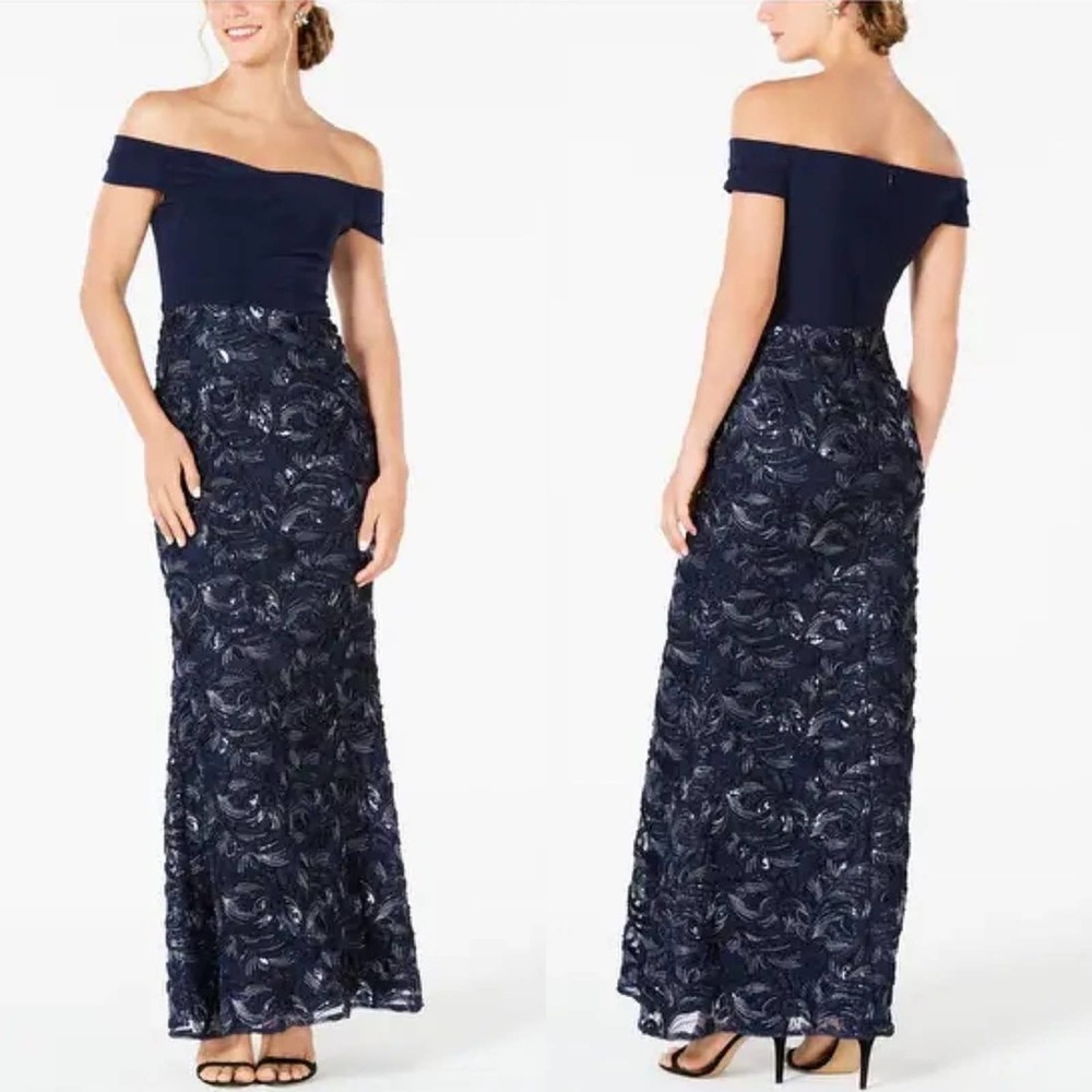 Adrianna Papell Off Shoulder Embroidered Soutache Dress Size 10P NWT